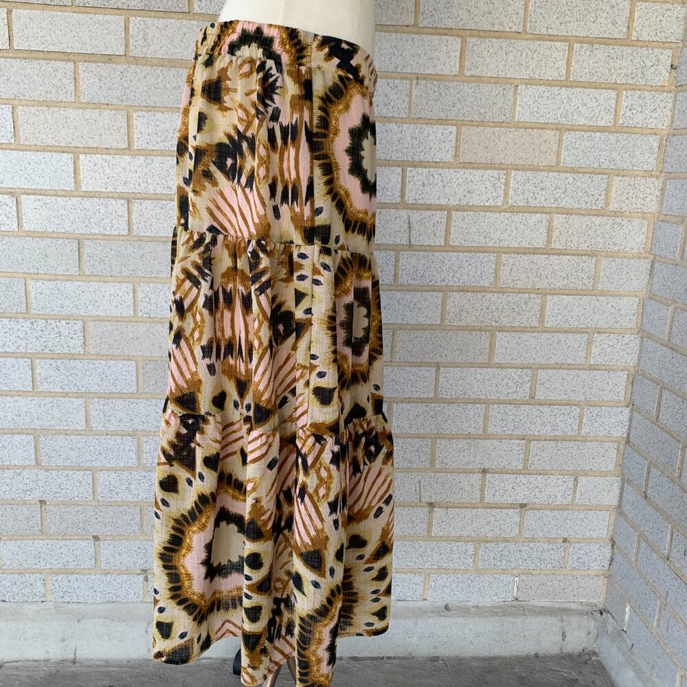 RACHEL ZOE ABSTRACT TIERED MAXI PRAIRIE SKIRT SIZE L HALF LINED PINK BROWN - Picture 5 of 9